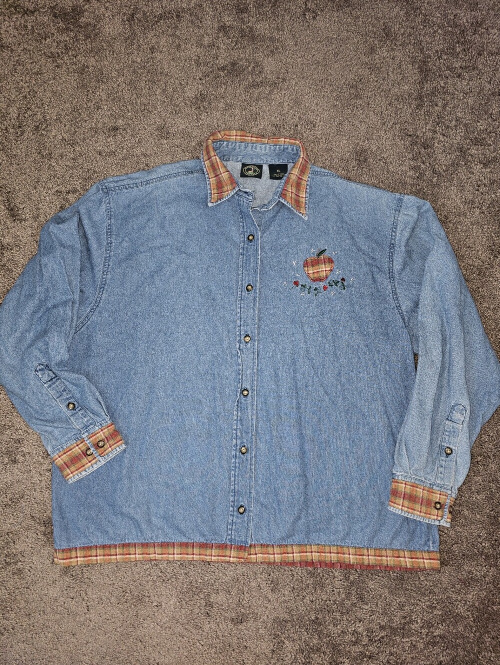 Lighthouse Apparel Denim Apple Plaid Button Up Casual Longsleeve Cotton Sz XL